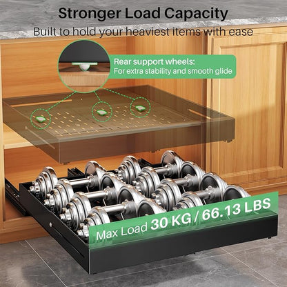 Pull out Cabinet Organizer, Expandable Width(14"-24"), Depth(13"-24") with 3 Rails, Slide Out Drawers With Raising Pad for Framed Cabinets, Fixed with Adhesive Film for Cabinets in Kitchen, Black