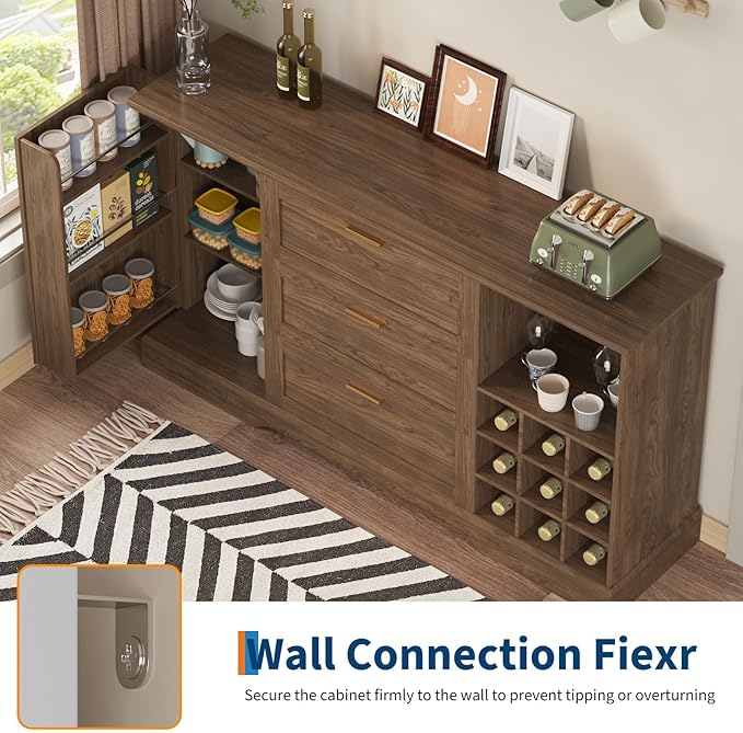 GarveeHome 63 Inch Farmhouse Sideboard Buffet with Drawer Adjustable Shelves,Kitchen Island with Door-Back Rack for Snacks,Coffee Bar Buffet with Wine Racks Storage for Kitchen Entryway Rustic Walnut