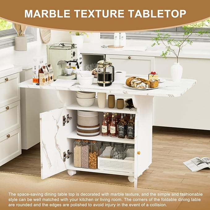 Multi-Functional Folding Dining Table with Storage Cabinet and Wheels - Marble Texture MDF Kitchen Island, Console Table, Desk - Space Saving Furniture for Small Spaces,47.24"L x 28.35"W x 29.92"H