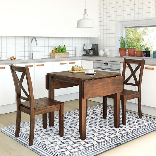 Wood Dining Table Set with 2 X-Back Chairs,3-Piece Drop Leaf Breakfast Nook Table with Chairs for Kitchen Room (Brown)