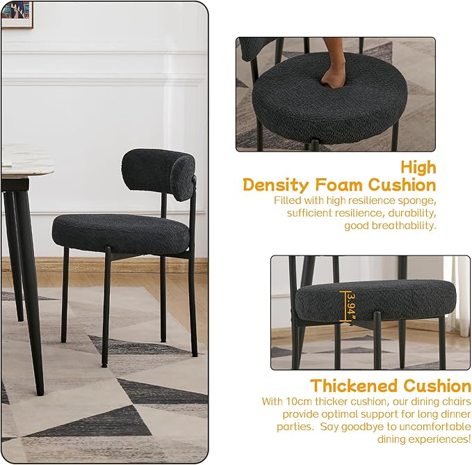 EDWELL Black Boucle Dining Chairs Set of 4, Mid Century Modern Dining Room Chairs with 3.94“ Cushions, Round Upholstered Kitchen Chairs with Black Metal Legs for Dining Chair, Living Room