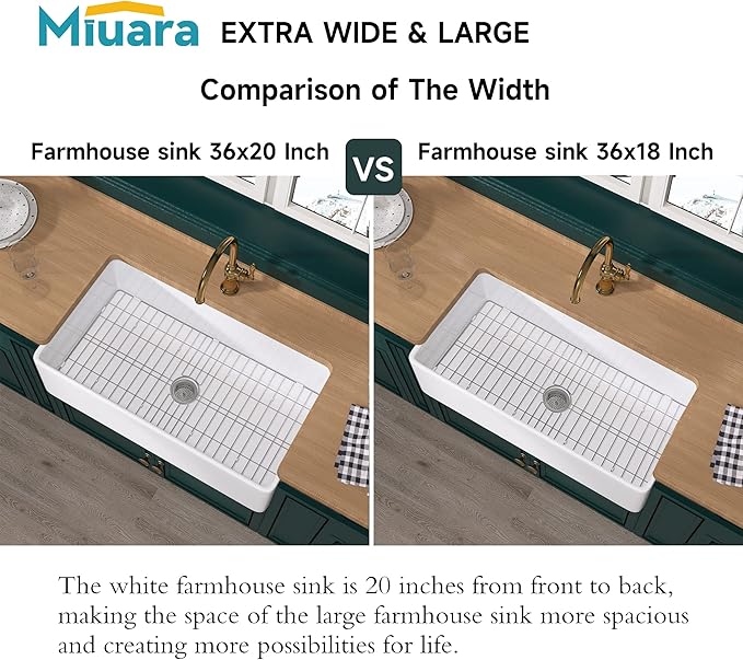 Miuara Farmhouse Sink 36 Inch - Extra Large Apron Front Kitchen Sink Reversible 36"x20"x10", Undermount, Farm House Style Deep Single Bowl, Heavy Duty Solid Fireclay, Glossy White, for Kitchen