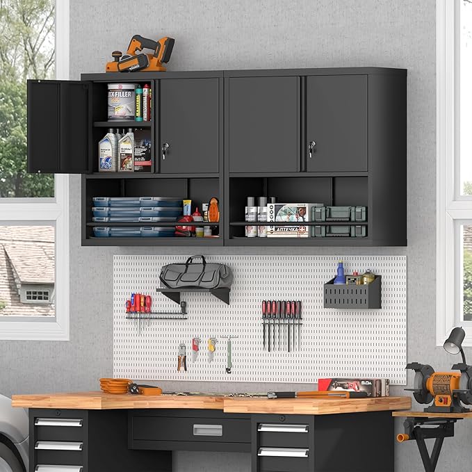 Metal Garage Cabinets, Lockable Storage Cabinet, Metal Cabinet with Open Storage, Upper Tool Cabinet for Basement, Wall Mounted Cabinets for Shop