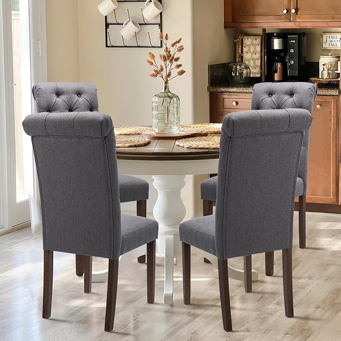 Tufted Dining Chairs Set of 4, Upholstered Parsons Dining Room Chairs, Fabric Kitchen Side Chair with Wood Legs, Dark Grey