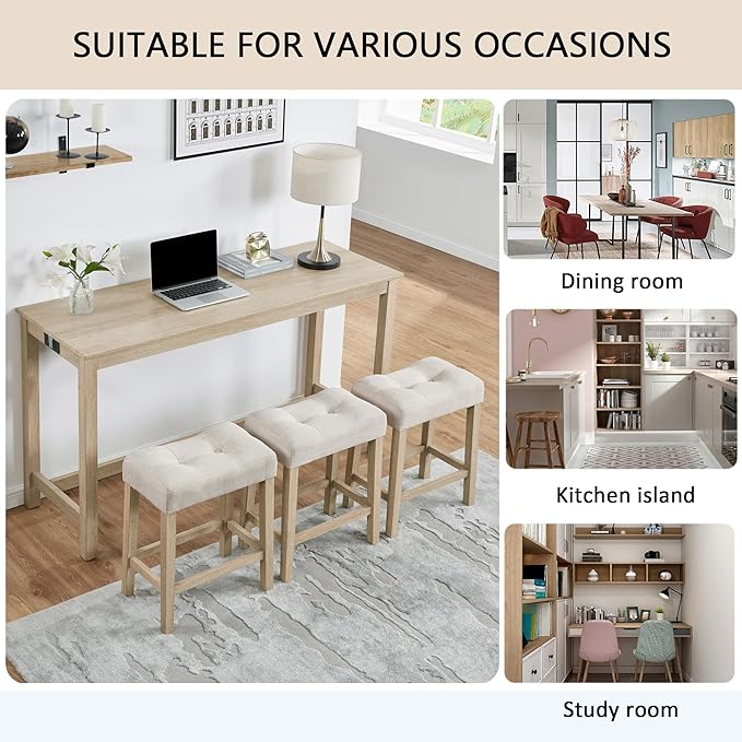 Knocbel Classic 3-Person Counter Height Bar Table Set with Power Outlet, 4-Piece Dinette Set with Padded Seat Stools, Apartment Condo Small Space Pub Bistro Dining Furniture Set (Light Oak)