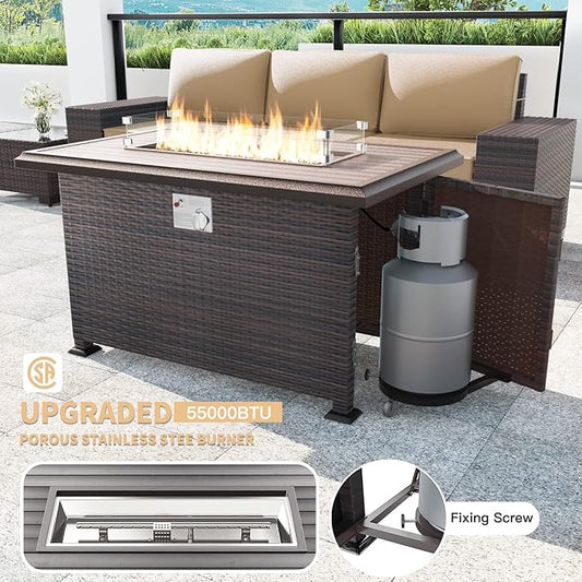 Kullavik 13PCS Outdoor Patio Furniture Set,PE Wicker Rattan Sectional Sofa Patio Conversation Sets with 43" 55000BTU Gas Propane Fire Pit Table,Swivel Rocking Chairs Set,Sand