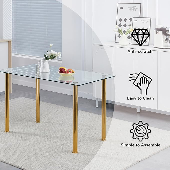 Glass Dining Table for 4-6,Rectangular Dining Room Table with 51.2" Clear Tempered Glass top and Gold Legs for Kitchen, Small Space