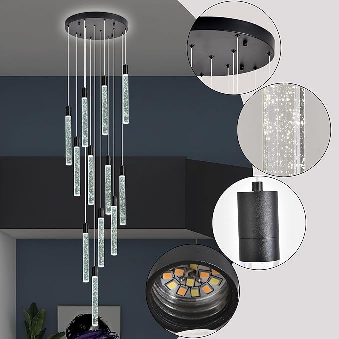 12-Lights Bubble Chandelier for Entryway High Ceiling-137 Height Adjustable Crystal Chandelier,3 Color Temperature Dimmable LED Pendant Light Fixture for Foyer Living Room Staircase,Matte Black
