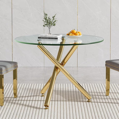 Glass Dining Table,36'' Round Dining Kitchen Table,Modern X-Design Dining Room Table with Gold Metal Base for Dining Room