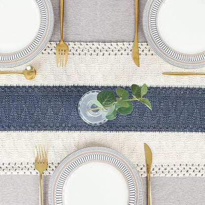 FEXIA Boho Table Decor 48 Inch Cream & Blue Macrame Runner with Tassels for Boho Dining & Bedroom Decor Rustic Bridal Shower (12x48 Inches)