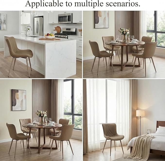 Kidol & Shellder Dining Chairs Set of 2, Mid Century Modern Kitchen Chairs with Metel Legs Armless, PU Leather Upholstered Side Chair for Dining Room, Living Room, Lounge, Restaurant, Khaki