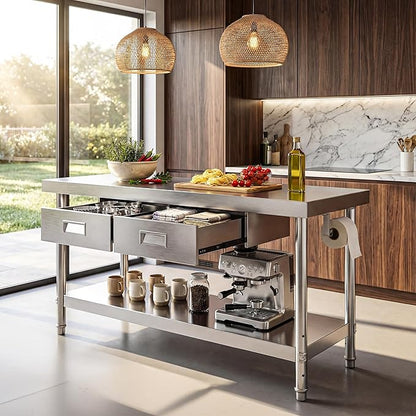 DWVO 60x24in Stainless Steel Table, NSF Metal Prep Worktable with 2 Drawers for Kitchen Restaurant Hotel Garage Warehouse Home
