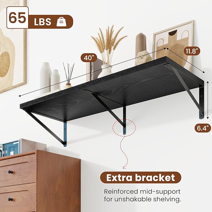 Deep Wall Shelves 40"W x 12"D Engineered Wood Floating Shelves for Wall, Sturdy Metal Bracket Bookshelves Home Decor Storage for Living Room Bedroom Bathroom Kitchen, Set of 2, Black Finish