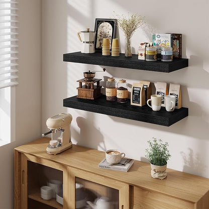Fun Memories 12" Deep Floating Shelves for Wall, 36" W x 12" D Floating Shelves, Long Wood Floating Wall Shelf for Living Room Bathroom Bedroom Kitchen, Black, Set of 2