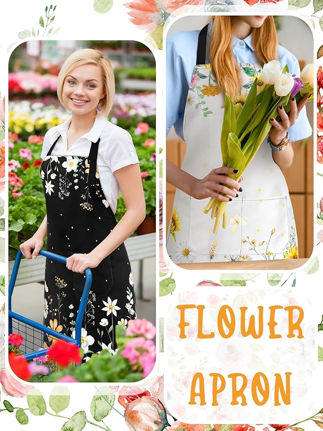 Bencailor 6 Pcs Spring Kitchen Aprons with Pockets Flower Rooster Bee Butterfly Sunflower Summer Aprons Bulk for Women(Bright Color,Flower)