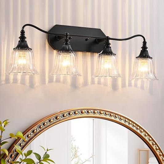 LmnLvn Bathroom Vanity Black Vintage Light Fixture, 4 Lights Bathroom Lighting Matte Antique Brass Finish with Crystal Glass Shade, Black Vintage Vanity Light for Bathroom‘s