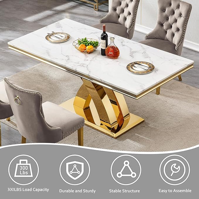 68" Faux Marble White Dining Table for 6-8, Modern Dining Room Table with 0.71" Marble Printing MDF Top and X-Shaped Gold Stainless Steel Base, Rectangle Kitchen Dinner Table