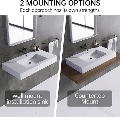 35"X19" Wall Mount Sink Matte Bathroom Vanity Vessel Sinks Artificial Stone Rectanglee Indoor Outdoors Modern Floating or Countertop Freestanding Wall Hang Sink Bowl (without Holes 35'')