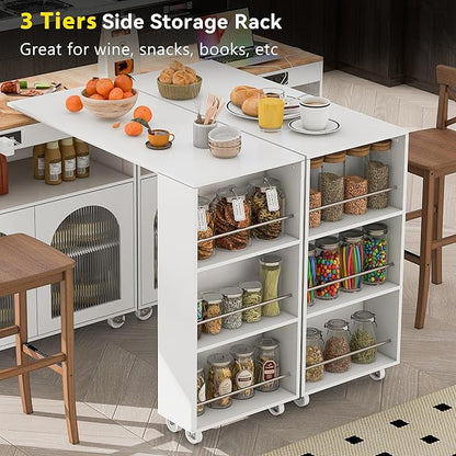 Modern Dining Table with Kitchen Island on Wheels Expandable Wood Table with Counter Console Living Room Luxury Decor,White-MDF