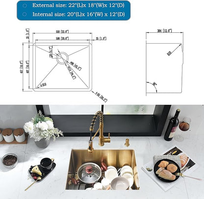 22 Inch Gold Undermount Laundry Sink -HLBLFY 22"x18"x12" Stainless Steel Laundry Room Sink Gold Utility Sink 16 Gauge Single Bowl Deep Undermount Kitchen Sink with Roll Up Rack