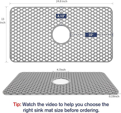 Snuggery Silicone Sink Protector 25"x13" Center Drain Hole, Heat Resistant Non-slip Dishwasher Suitable, Large Mat for Bottom of Farmhouse Kitchen Stainless Steel Sink