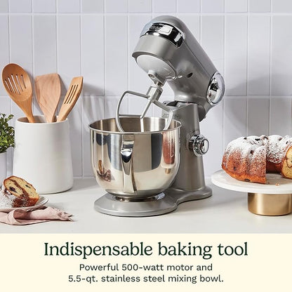 Cuisinart Stand Mixer, 12 Speeds, 5.5-Quart Mixing Bowl, Chef's Whisk, Flat Mixing Paddle, Dough Hook, and Splash Guard with Pour Spout, Silver Lining, SM-50BCNAS, Silver Lining