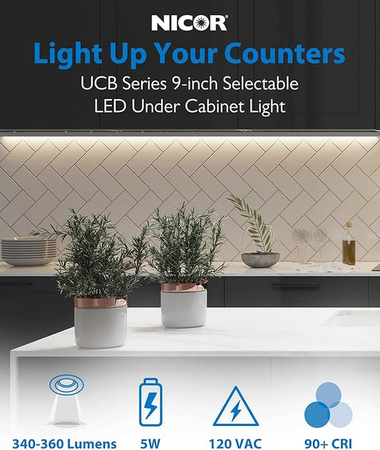 9” LED Direct Wire Under Cabinet Light with On/Off Switch - Dimmable LED Lights for Kitchen - Selectable CCT 2700K-5000K, 340-360 Lumens, 5W - UCB Hardwired Under Cabinet Lighting by NICOR Lighting