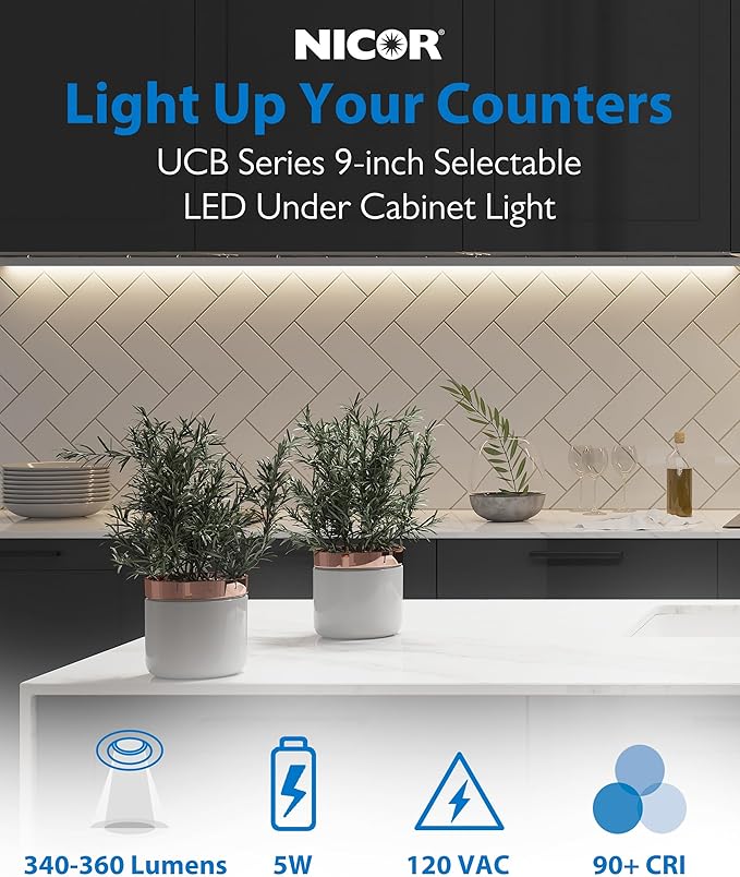 9” LED Direct Wire Under Cabinet Light - Dimmable Undercounter LED Lights for Kitchen - Selectable CCT 2700K-5000K, 340-360 Lumens, 5W - UCB Series Hardwired Under Cabinet Lighting by NICOR Lighting