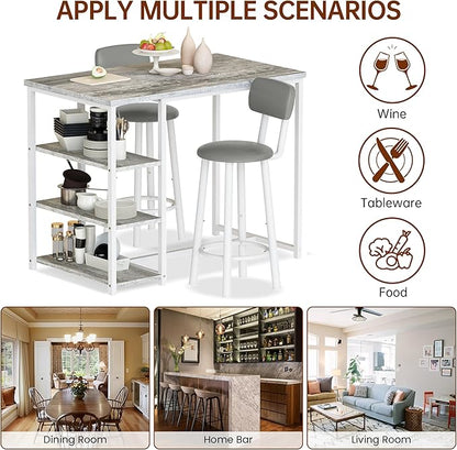 Kitchen Dining Table Set for 2, Bar Table and Chairs Set with 3 Storage Shelves, Tall Dining with 2 PU Leather Backrest Stools for Small Space, Kitchen Island, Apartment, Grey