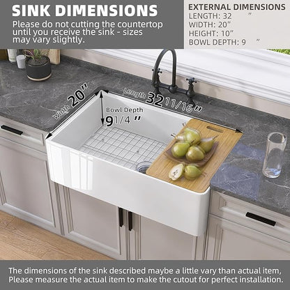 GETPRO White Farmhouse Sink 33 X 20 Fireclay Apron Front Undermount Workstation Kitchen Sink Single Bowl Reversible Farm House Style Extra Deep & Wide with Cutting Board & Accessory Kit