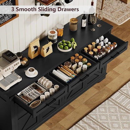 usikey Buffet Cabinet, 61” Large Sideboard Buffet Storage Cabinet with 3 Drawers, Farmhouse Coffee Bar with 4 Doors, for Kitchen, Living Room, Black
