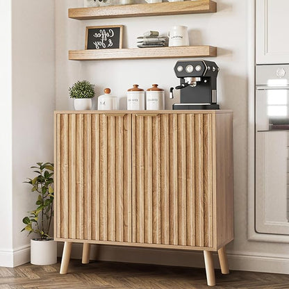 Pamapic Fluted Storage Cabinet, Sideboard Buffet with Doors and Shelf, Wooden Console Table & Credenza, Multifunctional Entryway Cabinet for Living Room, Dining Room (Natural)
