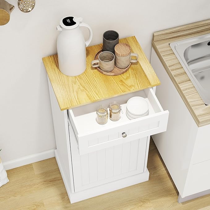 Ball & Cast Tilt-Out Trash Cabinet with One Drawer, Multifunctional White Hidden Garbage Can, Wooden Trash Can for Kitchen, Bathroom and Living Room, White