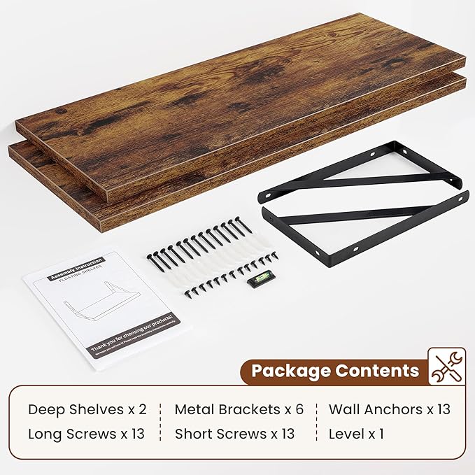 Deep Wall Shelves 40"W x 12"D Engineered Wood Floating Shelves for Wall, Sturdy Metal Bracket Bookshelves Home Decor Storage for Living Room Bedroom Bathroom Kitchen, Set of 2, Rustic Brown Finish