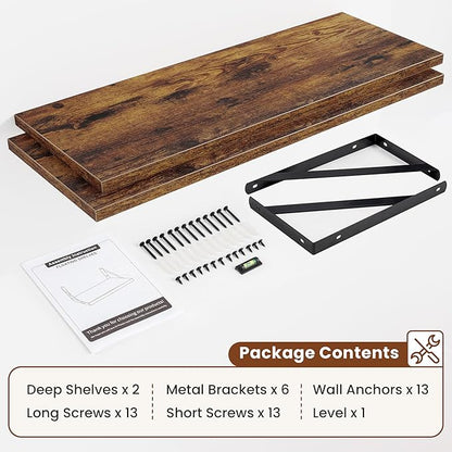 Deep Wall Shelves 40"W x 12"D Engineered Wood Floating Shelves for Wall, Sturdy Metal Bracket Bookshelves Home Decor Storage for Living Room Bedroom Bathroom Kitchen, Set of 2, Rustic Brown Finish