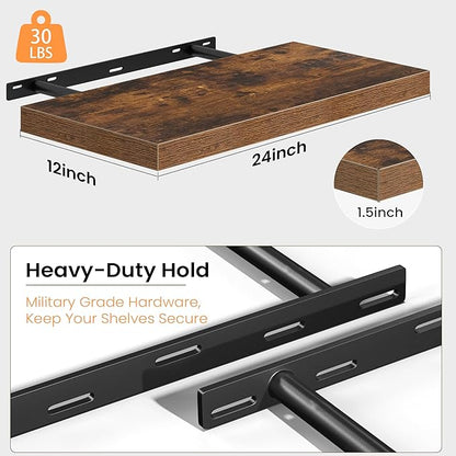Floating Shelves for Wall, 24 Inch Floating Shelves Set of 2, Wall Mounted Rustic Wood Shelf for Bathroom, Living Room, Bedroom and Kitchen, Hanging Shelf for Storage, Books, Home Decor, Brown