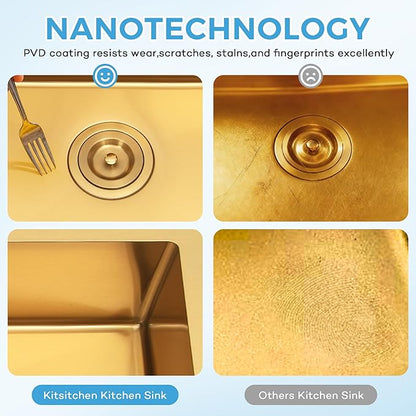 Kitsitchen Gold Ktichen Sink,Gold Undermount RV Kitchen Sink with Strainer & Bottom Gird, 27" x 16" x 7" Stainless Steel Single Bowl Kitchen Sinks Used at RV, Outdoor,Bathroom
