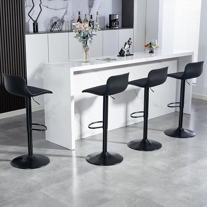 Bar Stools Set of 2 PU Leather Counter Height Bar stools with Back, Height Adjustable Swivel Kitchen Island Chairs, Armless, Large Base Black
