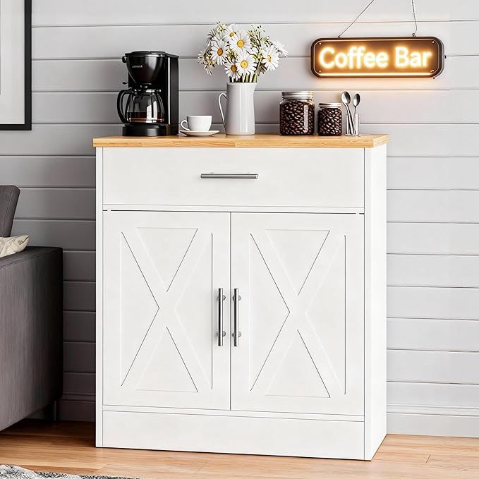 SUNLEI Coffee Bar Cabinet, Wooden Storage Cabinet with 2 Doors and 1 Drawers, Adjustable Shelf, Modern Farmhouse Kitchen Buffet Sideboard Cabinet with Storage for Kitchen, Rustic White&Yellow