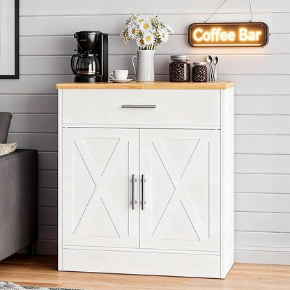 SUNLEI Coffee Bar Cabinet, Wooden Storage Cabinet with 2 Doors and 1 Drawers, Adjustable Shelf, Modern Farmhouse Kitchen Buffet Sideboard Cabinet with Storage for Kitchen, Rustic White&Yellow