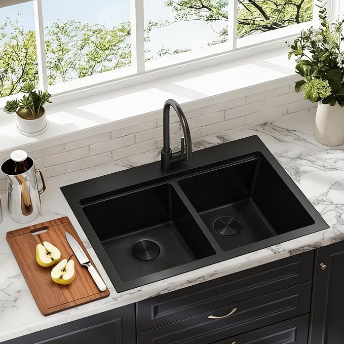 MILOSEN 33 Inch Black Double Bowl Kitchen Sink, 33''x22'' Drop in 16 Gauge T304 Black Stainless Steel Sinks, Workstation Sink 50/50 Topmount Double Basin with Accessories, 10'' Deep and Large Sinks