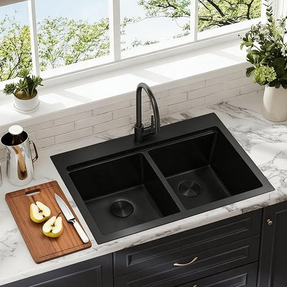 MILOSEN 33 Inch Black Double Bowl Kitchen Sink, 33''x22'' Drop in 16 Gauge T304 Black Stainless Steel Sinks, Workstation Sink 50/50 Topmount Double Basin with Accessories, 10'' Deep and Large Sinks