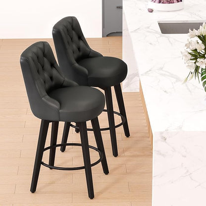 Vipbear Swivel Bar Stools Set of 2, Updated Thickened Faux Leather Counter Height Barstools with Backs, Solid Wood Legs, 26" Modern Bar Height Stools for Kitchen Island, Dining Room, Black Seat