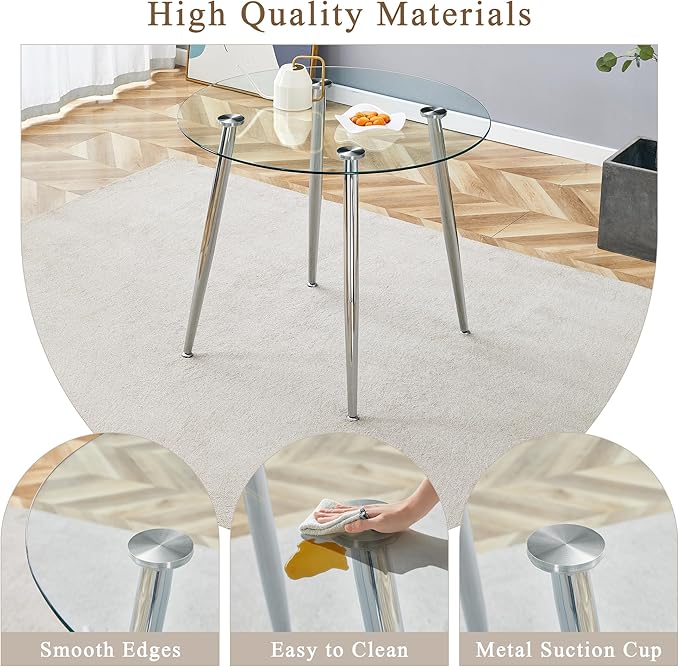 Glass Dining Table and Chair Set with 2 White PU Cushion Chairs, 36 Inch Diameter Round Table with Silver Metal Legs, Industrial Minimalist Style for Dining Room and Kitchen