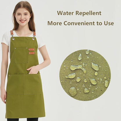 AFUN Chef Aprons for Women Men with Oversized Pockets, 12-Ounce Cotton Canvas Cross Back Water Repellent Apron (Army Green)