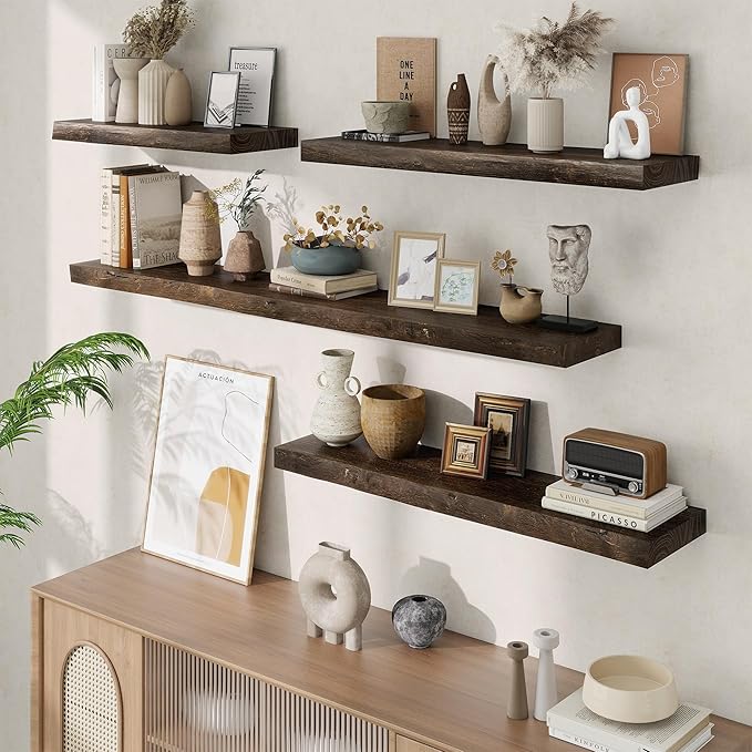 Acovy Extra Deep 55" Long Live Edge Rustic Floating Shelves for Wall, Solid Wood Wall Shelves with Invisible Bracket Mount for Living Room Bathroom Bedroom Kitchen, Set of 1, Natural