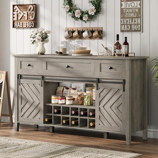 CABIHOME Farmhouse 59'' Buffet Cabinet with Sliding Barn Door, 33.4'' Tall Wood Rustic Sideboard with 3 Drawer, Adjustable Shelf and Removable Wine Rack for Dining Room, Kitchen, Living Room, Vintage