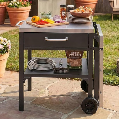 JIJIWANG 54.7" Outdoor Kitchen Island with Stainless Steel Top and Foldable Table, Kitchen Island with Drawer and Shelf, BBQ Cart with Wheels for Backyard Patio Black