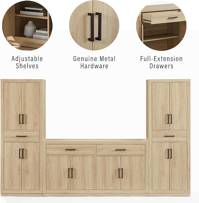 Crosley Furniture Isla 3-Piece Modern Sideboard Buffet Cabinet and Kitchen Storage Pantry Set, Ash
