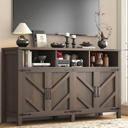 knoworld Buffet Sideboard with Storage Farmhouse with 4 Doors, 55'' Large Kitchen Storage Cabinet Wood Coffee Bar Cabinet Buffet Table with Shelves for Kitchen, Dining Room, Entryway (Brown, 55in)